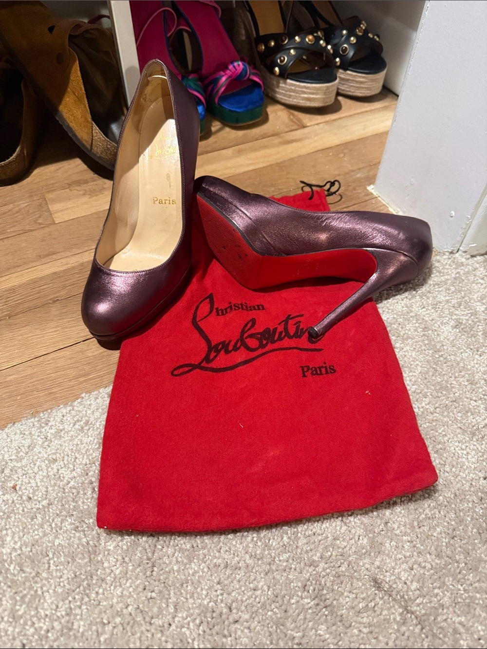 Christian Louboutin Metallic Plum Pumps with Iconic Red Soles